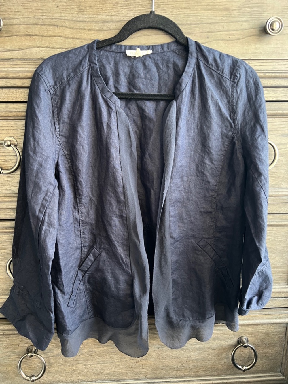 Eileen Fisher 100% Irish Linen Navy Open-Front Linen Jacket Small